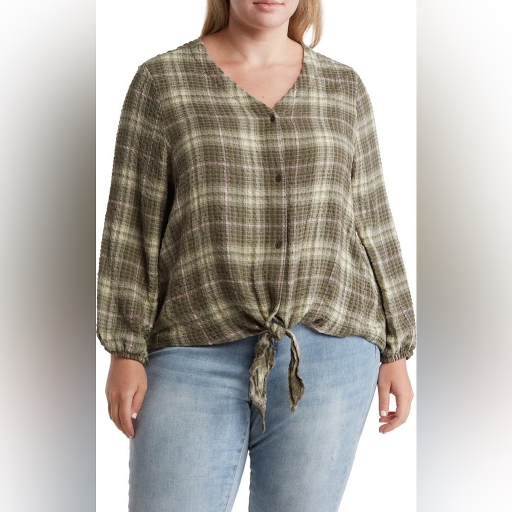 COMO VINTAGE Pucker Plaid Tie hem Blouse